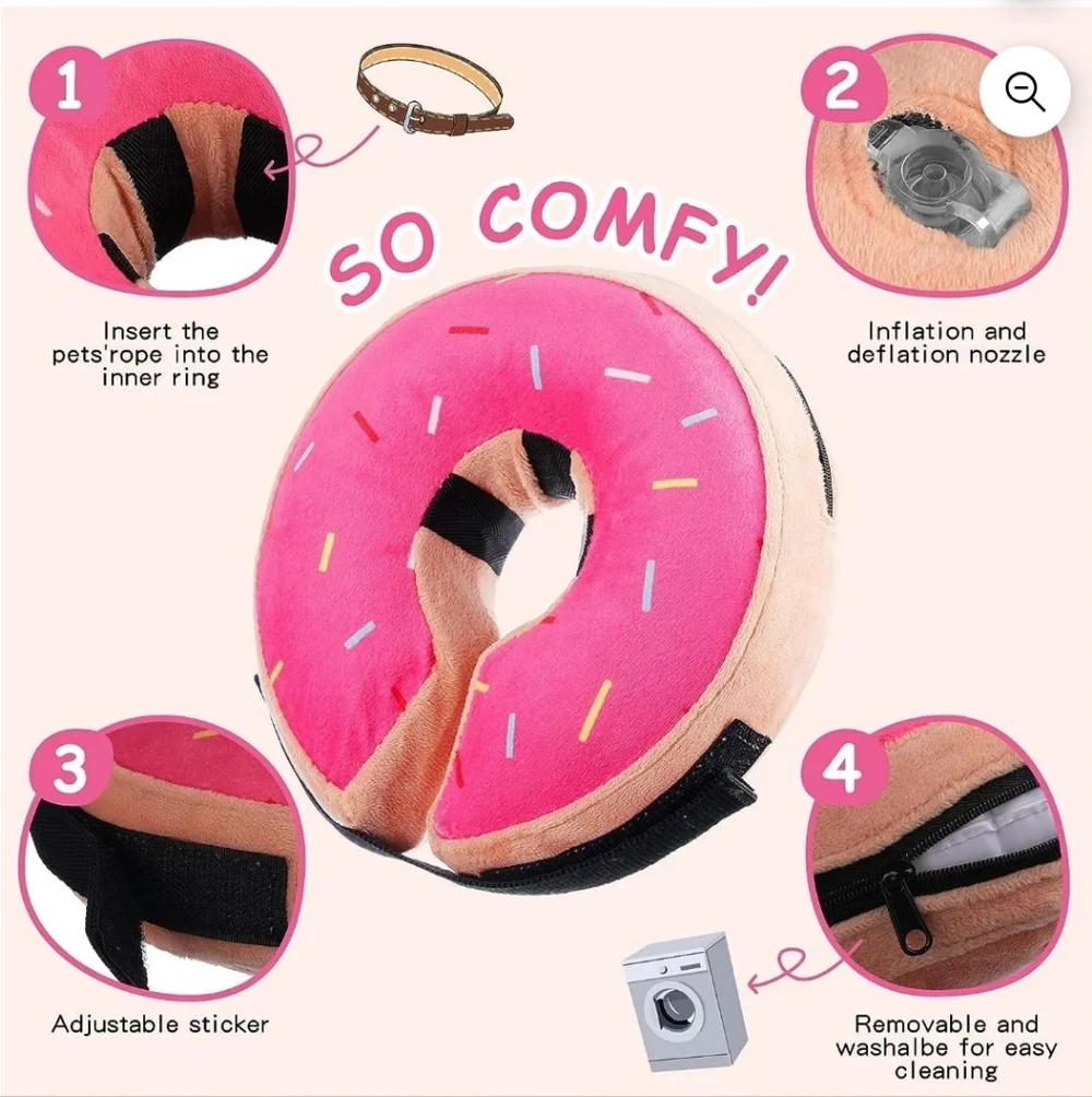 Soft Pink Donut Inflatable Dog Cone E Collar Post Surgery Recovery Size L